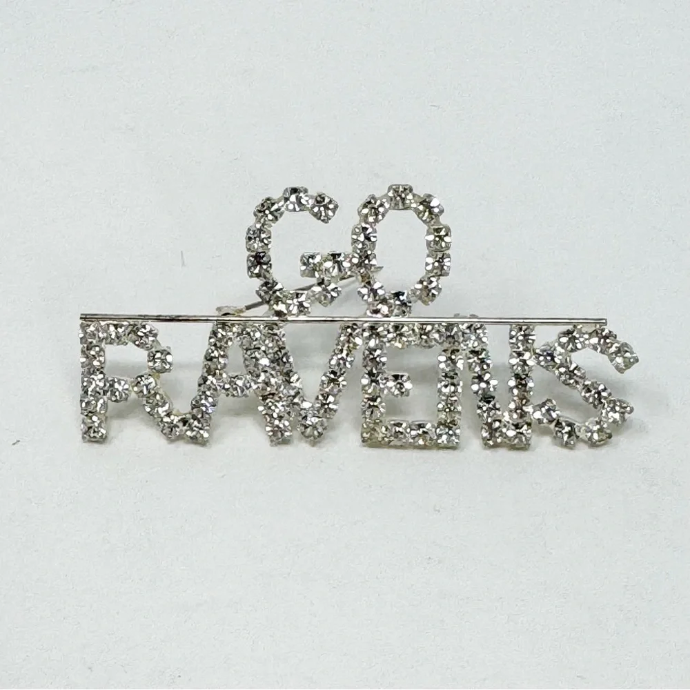 Vintage Clear Rhinestone Go Ravens Brooch